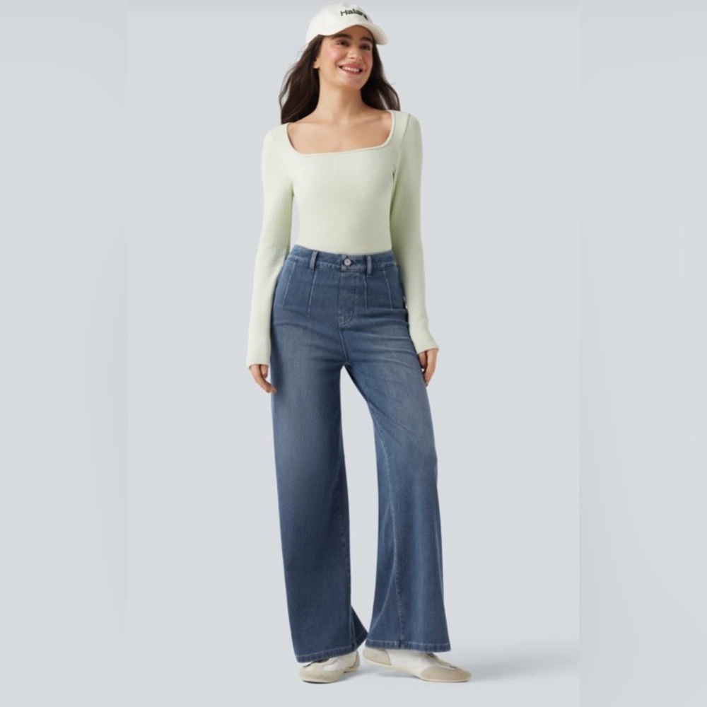 HALARA Flex™ High Waisted Casual Wide Leg Blue Denim Jeans Women’s Medium Petite